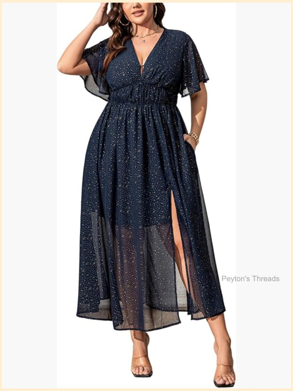 Deep V-Neck A-Line Maxi Dress with Pockets Flutter Sleeve - Picture 1 of 7